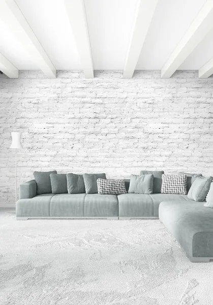 Белая спальня минимального стиля Interior дизайн с деревянной стеной и серым диваном. 3D рендеринг. 3D иллюстрация — стоковое фото