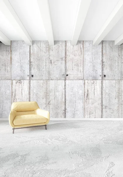 Beyaz yatak odası en az stil iç tasarım ahşap duvar ve gri Kanepeli. 3D render. 3D çizim