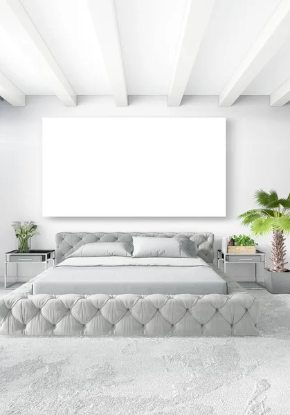 Quarto branco estilo mínimo Design de interiores com parede de madeira e sofá cinza. Renderização 3D. Ilustração 3D — Fotografia de Stock