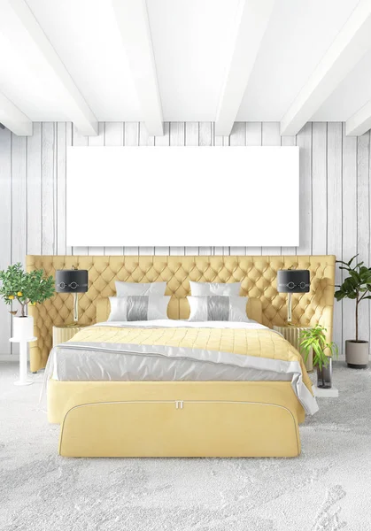 Beyaz yatak odası en az stil iç tasarım ahşap duvar ve gri Kanepeli. 3D render. 3D çizim