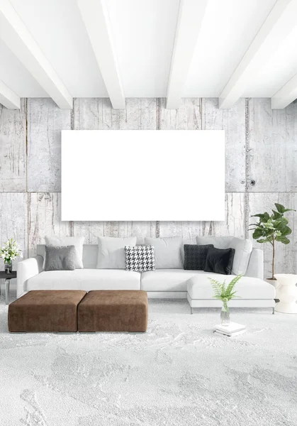 Beyaz yatak odası en az stil iç tasarım ahşap duvar ve gri Kanepeli. 3D render. 3D çizim