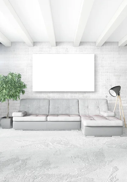 Dormitorio blanco de estilo minimalista Diseño interior con pared de madera y sofá gris. Representación 3D. Ilustración 3D — Foto de Stock