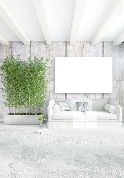 Beyaz yatak odası en az stil iç tasarım ahşap duvar ve gri Kanepeli. 3D render. 3D çizim