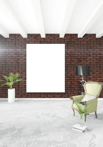 Beyaz yatak odası en az stil iç tasarım ahşap duvar ve gri Kanepeli. 3D render. 3D çizim