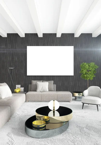 Beyaz yatak odası en az stil iç tasarım ahşap duvar ve gri Kanepeli. 3D render. 3D çizim