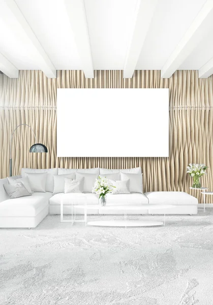 Beyaz yatak odası en az stil iç tasarım ahşap duvar ve gri Kanepeli. 3D render. 3D çizim