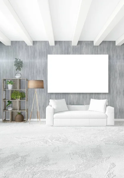 Beyaz yatak odası en az stil iç tasarım ahşap duvar ve gri Kanepeli. 3D render. 3D çizim