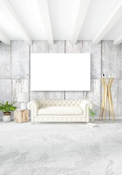 Beyaz yatak odası en az stil iç tasarım ahşap duvar ve gri Kanepeli. 3D render. 3D çizim