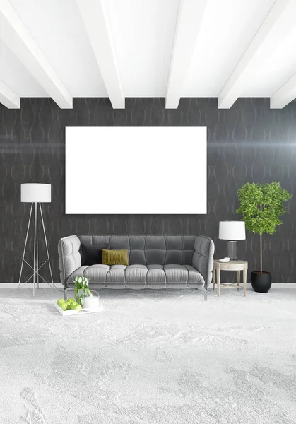 Beyaz yatak odası en az stil iç tasarım ahşap duvar ve gri Kanepeli. 3D render. 3D çizim