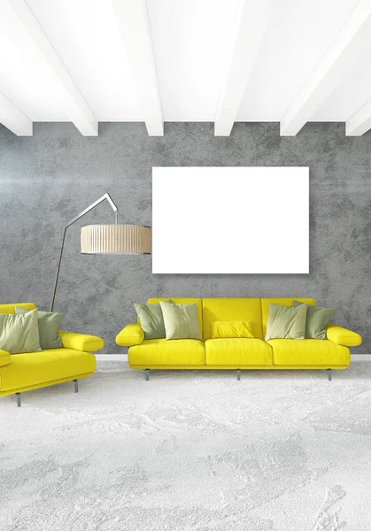 Beyaz yatak odası en az stil iç tasarım ahşap duvar ve gri Kanepeli. 3D render. 3D çizim