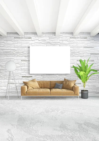 Beyaz yatak odası en az stil iç tasarım ahşap duvar ve gri Kanepeli. 3D render. 3D çizim