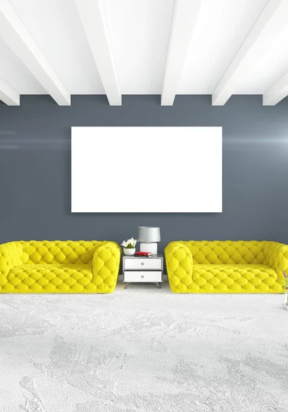 Beyaz yatak odası en az stil iç tasarım ahşap duvar ve gri Kanepeli. 3D render. 3D çizim