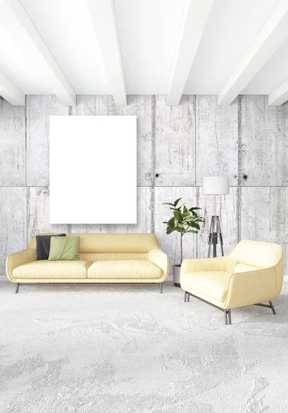 Beyaz yatak odası en az stil iç tasarım ahşap duvar ve gri Kanepeli. 3D render. 3D çizim