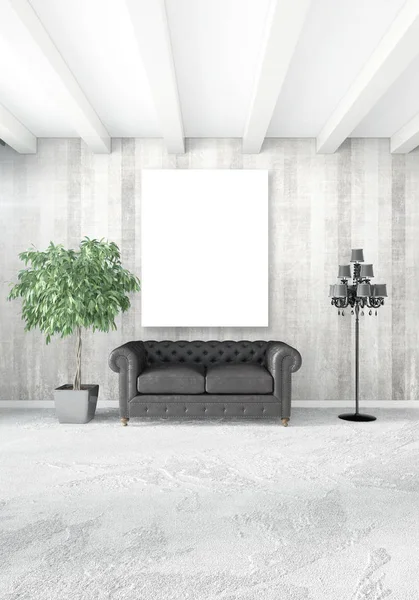 Beyaz yatak odası en az stil iç tasarım ahşap duvar ve gri Kanepeli. 3D render. 3D çizim