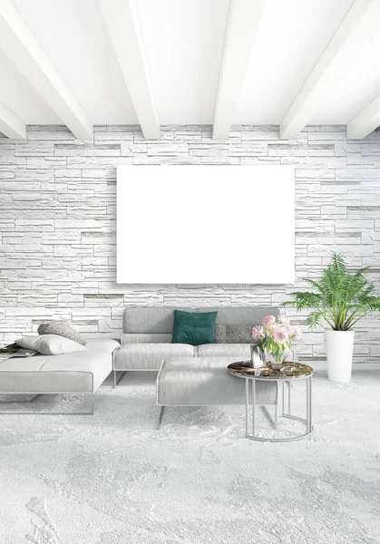 Beyaz yatak odası en az stil iç tasarım ahşap duvar ve gri Kanepeli. 3D render. 3D çizim