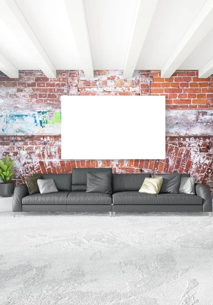 Beyaz yatak odası en az stil iç tasarım ahşap duvar ve gri Kanepeli. 3D render. 3D çizim