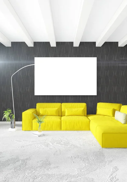 Weißes Schlafzimmer minimalistisches Interieur mit Holzwand und grauem Sofa. 3D-Darstellung. 3D-Illustration — Stockfoto