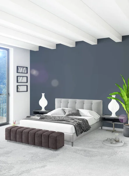 Beyaz yatak odası en az stil iç tasarım ahşap duvar ve gri Kanepeli. 3D render. 3D çizim