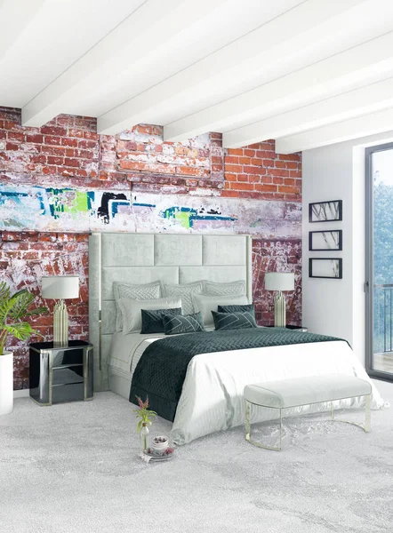 Beyaz yatak odası en az stil iç tasarım ahşap duvar ve gri Kanepeli. 3D render. 3D çizim