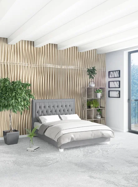 Beyaz yatak odası en az stil iç tasarım ahşap duvar ve gri Kanepeli. 3D render. 3D çizim