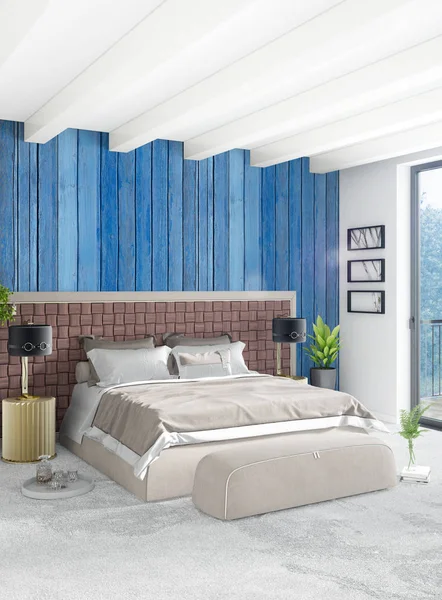 Beyaz yatak odası en az stil iç tasarım ahşap duvar ve gri Kanepeli. 3D render. 3D çizim