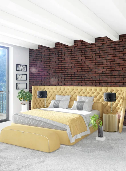 Beyaz yatak odası en az stil iç tasarım ahşap duvar ve gri Kanepeli. 3D render. 3D çizim