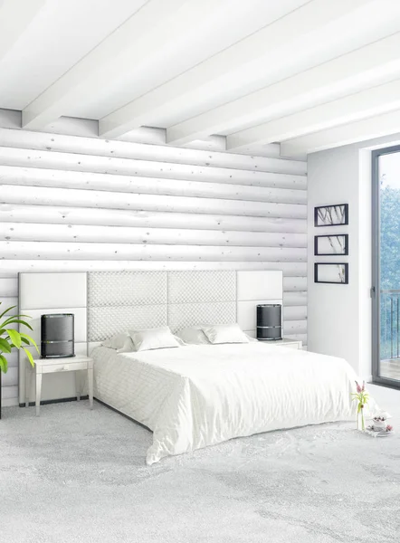 Beyaz yatak odası en az stil iç tasarım ahşap duvar ve gri Kanepeli. 3D render. 3D çizim