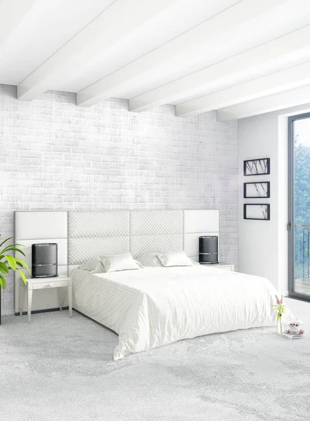 Beyaz yatak odası en az stil iç tasarım ahşap duvar ve gri Kanepeli. 3D render. 3D çizim