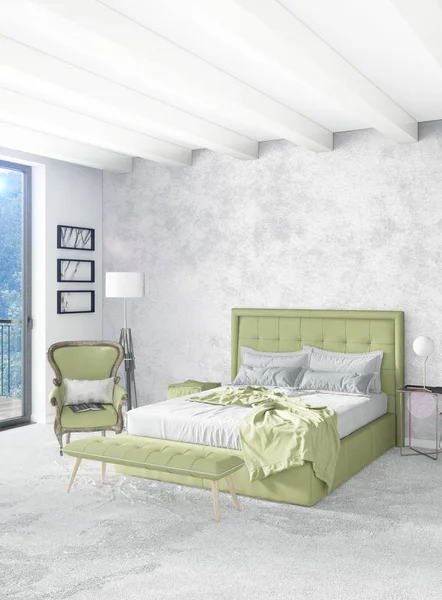 Beyaz yatak odası en az stil iç tasarım ahşap duvar ve gri Kanepeli. 3D render. 3D çizim