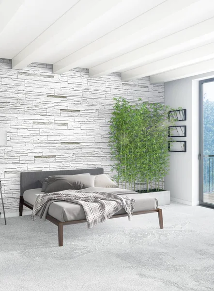 Beyaz yatak odası en az stil iç tasarım ahşap duvar ve gri Kanepeli. 3D render. 3D çizim