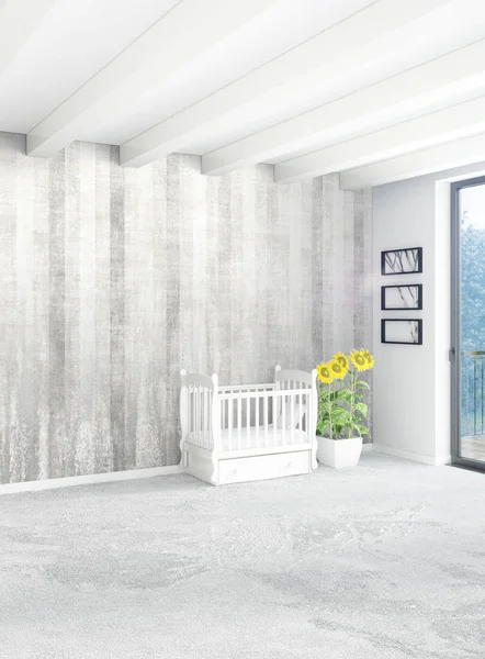 Beyaz yatak odası en az stil iç tasarım ahşap duvar ve gri Kanepeli. 3D render. 3D çizim