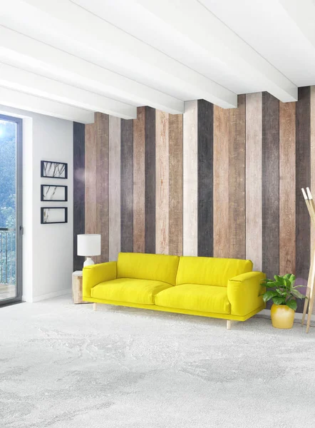 Beyaz yatak odası en az stil iç tasarım ahşap duvar ve gri Kanepeli. 3D render. 3D çizim