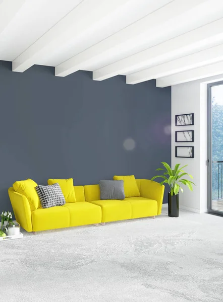 Weißes Schlafzimmer minimalistisches Interieur mit Holzwand und grauem Sofa. 3D-Darstellung. 3D-Illustration — Stockfoto