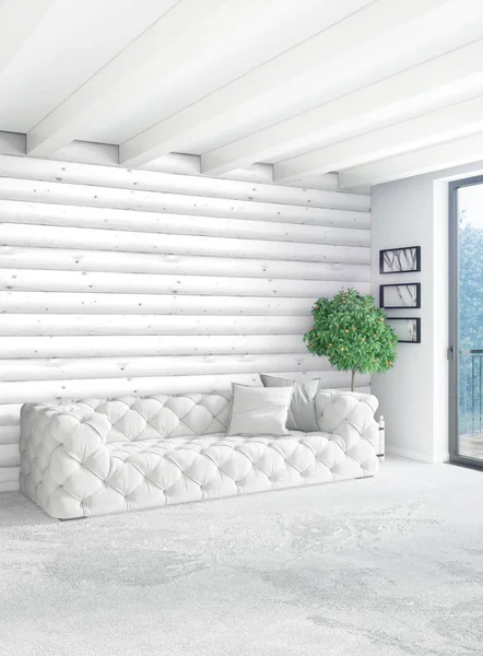 Beyaz yatak odası en az stil iç tasarım ahşap duvar ve gri Kanepeli. 3D render. 3D çizim