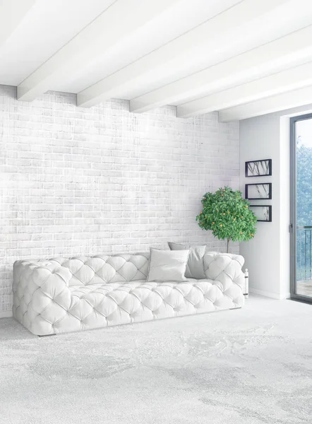 Beyaz yatak odası en az stil iç tasarım ahşap duvar ve gri Kanepeli. 3D render. 3D çizim