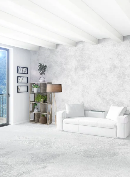 Beyaz yatak odası en az stil iç tasarım ahşap duvar ve gri Kanepeli. 3D render. 3D çizim