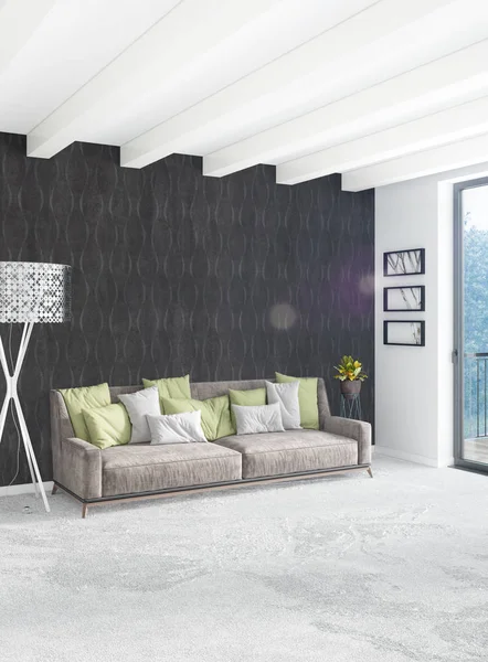 Wit slaapkamer minimalistische stijl interieur met houten muur en grijze bank. 3D-rendering. 3D illustratie — Stockfoto