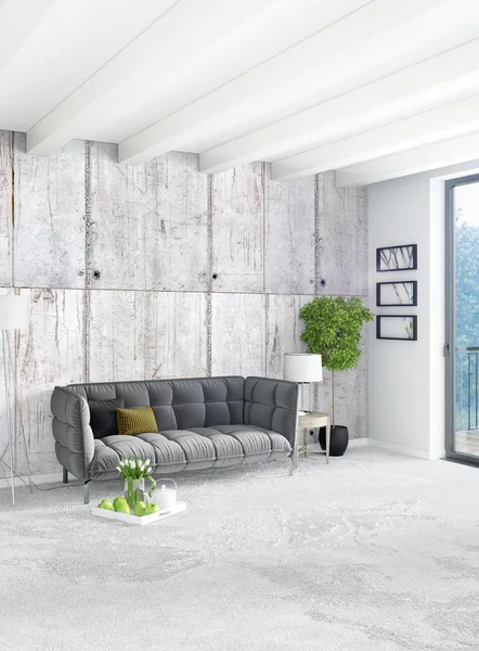 Beyaz yatak odası en az stil iç tasarım ahşap duvar ve gri Kanepeli. 3D render. 3D çizim