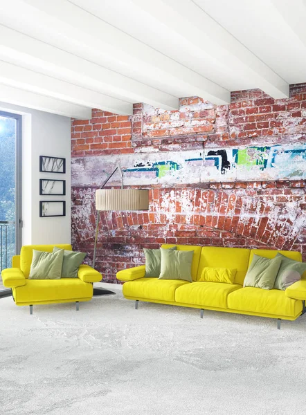 Beyaz yatak odası en az stil iç tasarım ahşap duvar ve gri Kanepeli. 3D render. 3D çizim