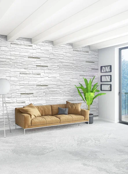 Wit slaapkamer minimalistische stijl interieur met houten muur en grijze bank. 3D-rendering. 3D illustratie — Stockfoto