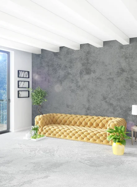 Beyaz yatak odası en az stil iç tasarım ahşap duvar ve gri Kanepeli. 3D render. 3D çizim