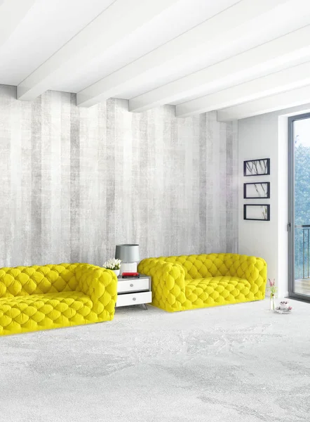 Beyaz yatak odası en az stil iç tasarım ahşap duvar ve gri Kanepeli. 3D render. 3D çizim