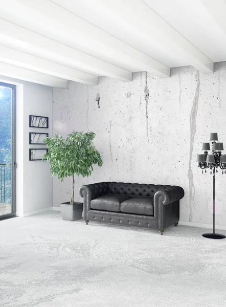 Dormitorio blanco de estilo minimalista Diseño interior con pared de madera y sofá gris. Representación 3D. Ilustración 3D —  Fotos de Stock