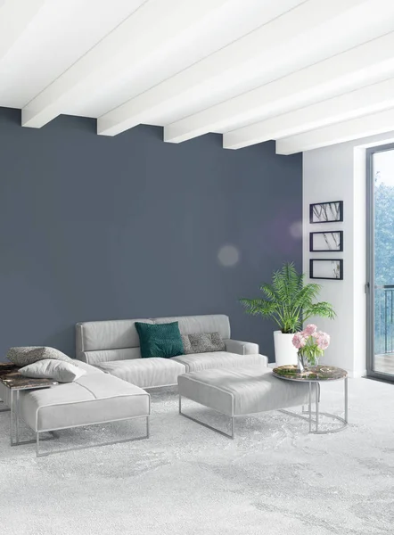 Beyaz yatak odası en az stil iç tasarım ahşap duvar ve gri Kanepeli. 3D render. 3D çizim