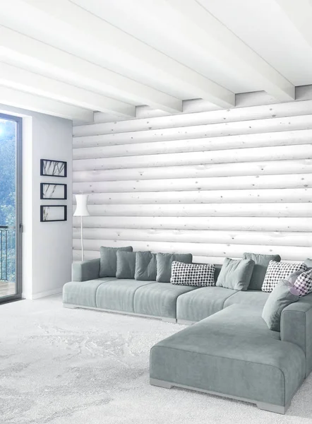 Beyaz yatak odası en az stil iç tasarım ahşap duvar ve gri Kanepeli. 3D render. 3D çizim