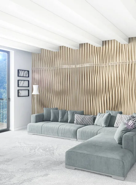 Beyaz yatak odası en az stil iç tasarım ahşap duvar ve gri Kanepeli. 3D render. 3D çizim