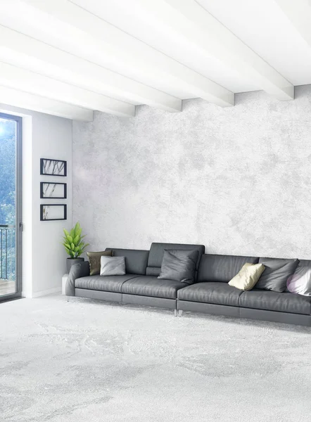 Beyaz yatak odası en az stil iç tasarım ahşap duvar ve gri Kanepeli. 3D render. 3D çizim