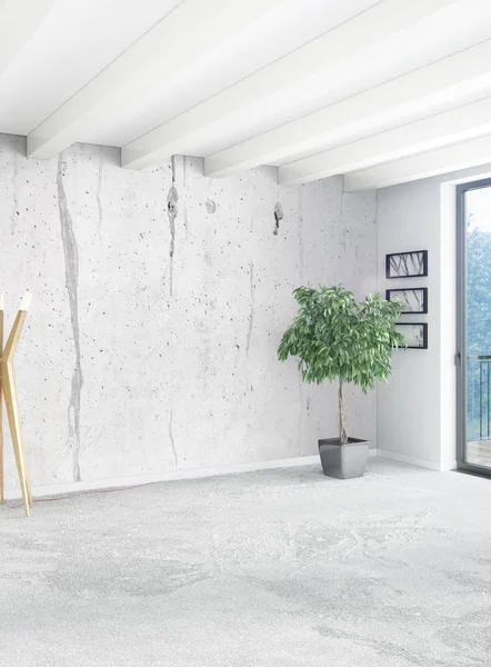 Beyaz yatak odası en az stil iç tasarım ahşap duvar ve gri Kanepeli. 3D render. 3D çizim