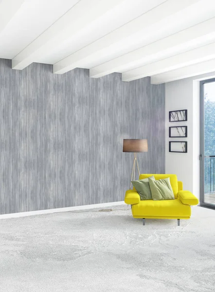 Beyaz yatak odası en az stil iç tasarım ahşap duvar ve gri Kanepeli. 3D render. 3D çizim