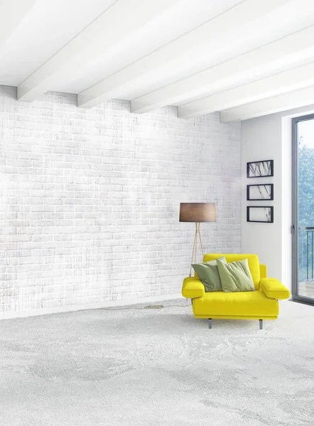 Beyaz yatak odası en az stil iç tasarım ahşap duvar ve gri Kanepeli. 3D render. 3D çizim